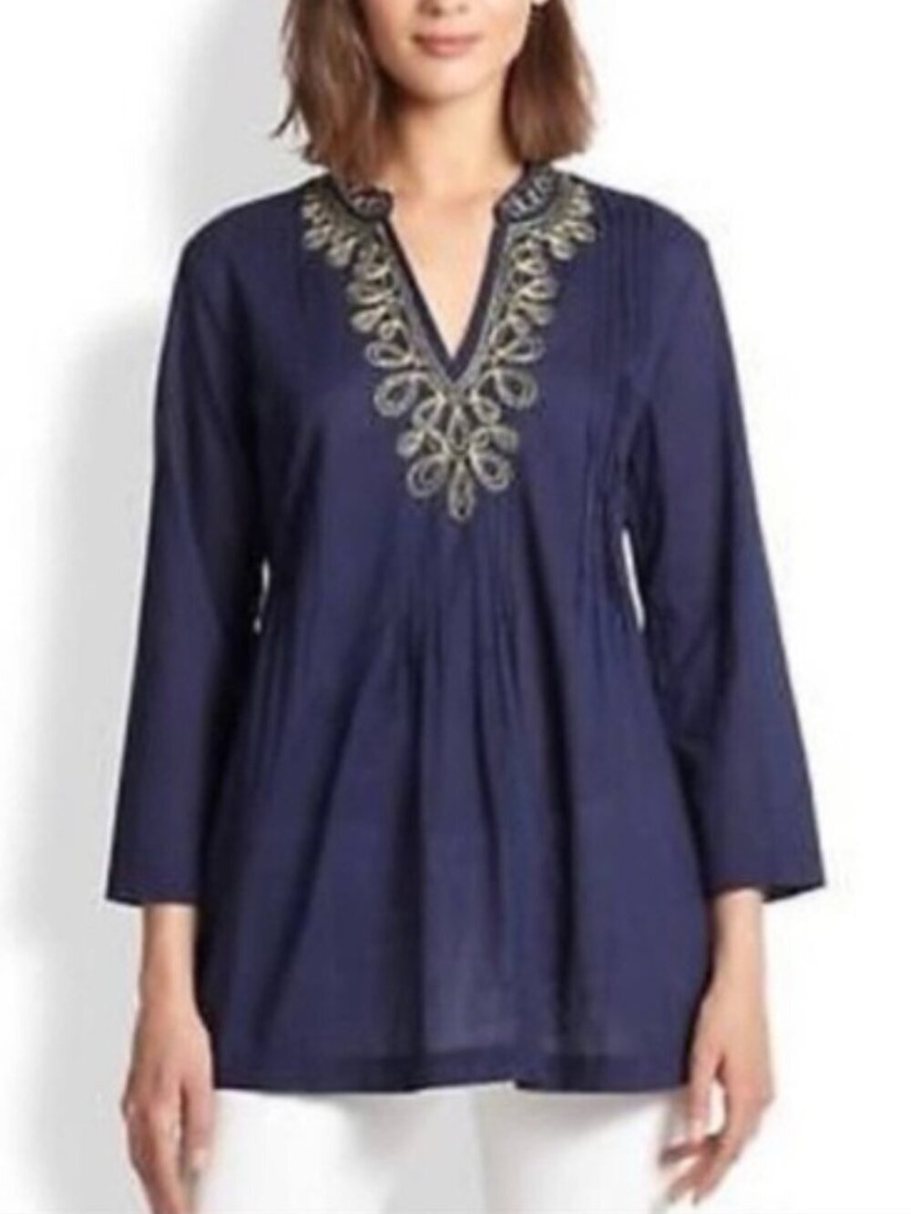 Lilly Pulitzer Navy Beaded Tunic Top Sz XS Blue Gold Embroidered V-Neck